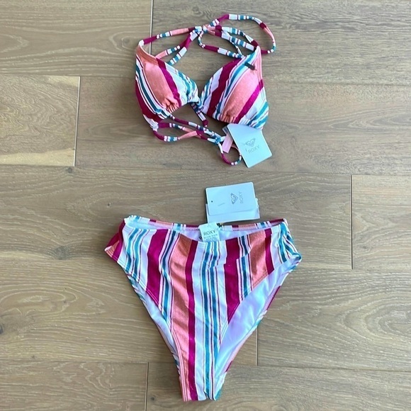 Nwt Roxy STRIPE Juniors' Striped High-Waist Bikini Swimsuit - M - Picture 6 of 10